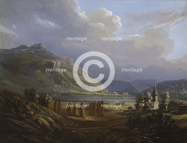 Landscape from Sogn with Gaupne church, Undated. Creator: Knud Geelmuyden Bull.