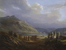 Landscape from Sogn with Gaupne church, Undated. Creator: Knud Geelmuyden Bull