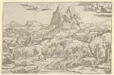 Landscape from "Venus Pushing Cupid" frame, 1540-45. Creator: Antonio Fantuzzi
