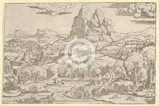 Landscape from "Venus Pushing Cupid" frame, 1540-45. Creator: Antonio Fantuzzi.