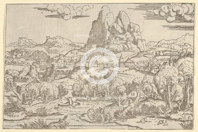 Landscape from "Venus Pushing Cupid" frame, 1540-45. Creator: Antonio Fantuzzi.