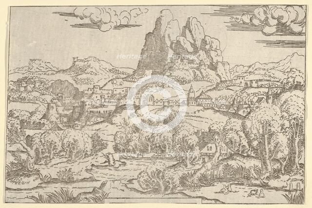 Landscape from "Venus Pushing Cupid" frame, 1540-45. Creator: Antonio Fantuzzi.