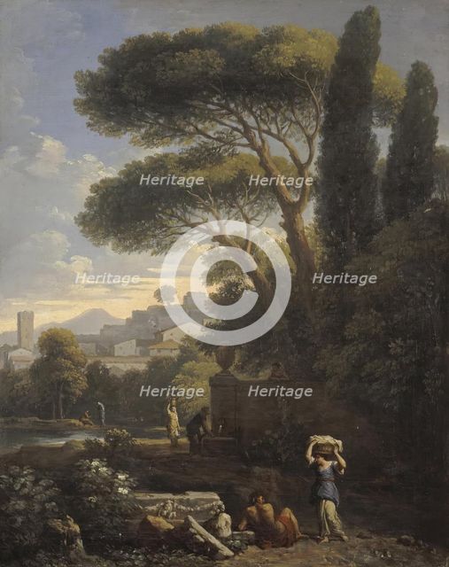 Landscape in Latium with Three Female Figures by a Fountain, 1734. Creator: Jan Frans van Bloemen.