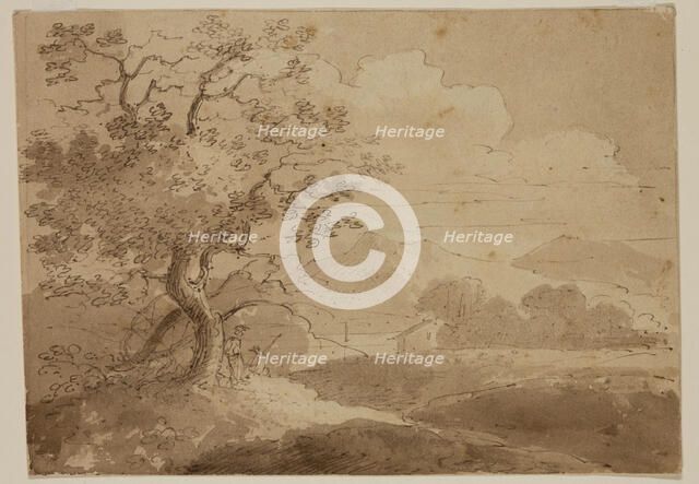 Landscape: Large Trees in Foreground, Two Figures, House, Lake and Mountains, c1820-1848. Creator: Thomas Cole.