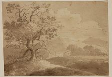 Landscape: Large Trees in Foreground, Two Figures, House, Lake and Mountains, c1820-1848. Creator: Thomas Cole