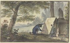 Landscape painter painting under a tree near two column fragments, 1797. Creator: Georg Karl Urlaub