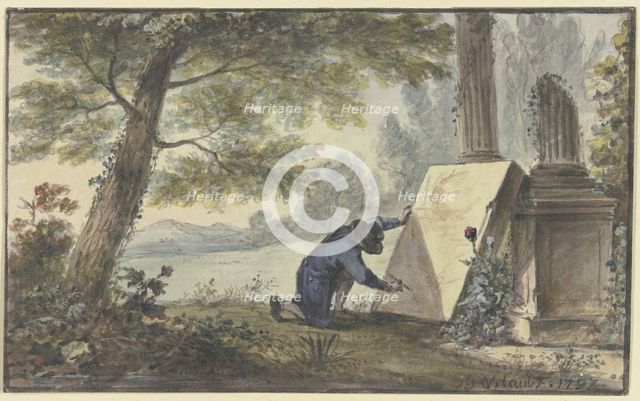 Landscape painter painting under a tree near two column fragments, 1797. Creator: Georg Karl Urlaub.