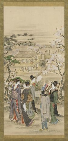 Landscape: parties of men and women looking at cherry blossoms, late 18th-early 19th century. Creator: Hokusai
