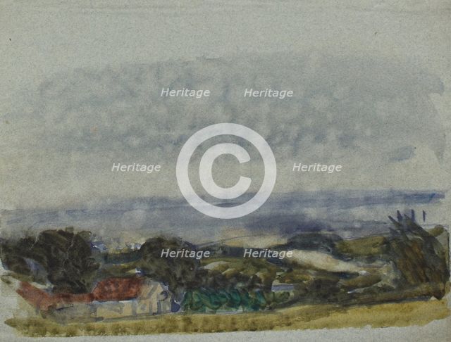 Landscape study; valley with farm, c1875-1944 Creator: George Clausen.
