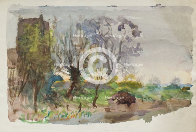 Landscape study with church tower and water, c1875-1944. Creator: George Clausen.