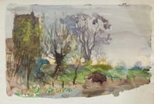 Landscape study with church tower and water, c1875-1944. Creator: George Clausen