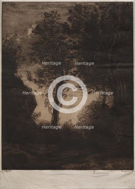 Landscape: Sunset, after Corot, c. 1858. Creator: Félix Bracquemond (French, 1833-1914); August Delâtre.