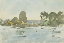 Landscape sketch with a body of water, trees and a low hill in the distance, mid 20th century. Creator: Rodney Burn