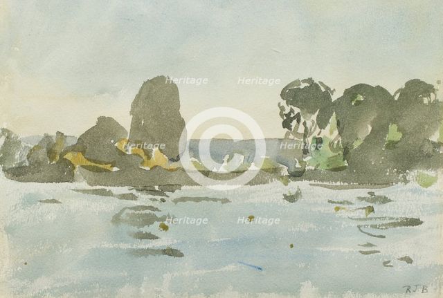 Landscape sketch with a body of water, trees and a low hill in the distance, mid 20th century. Creator: Rodney Burn.