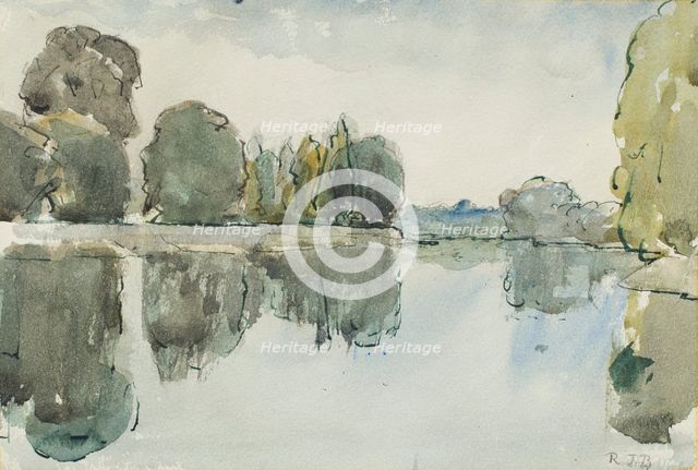 Landscape sketch with a body of water and trees, mid 20th century. Creator: Rodney Burn.