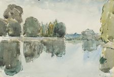 Landscape sketch with a body of water and trees, mid 20th century. Creator: Rodney Burn