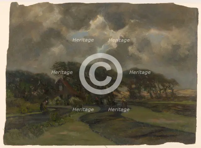 Landscape with cottage, trees and women mending fishing nets, 1872-1944.  Creator: Frans Smissaert.