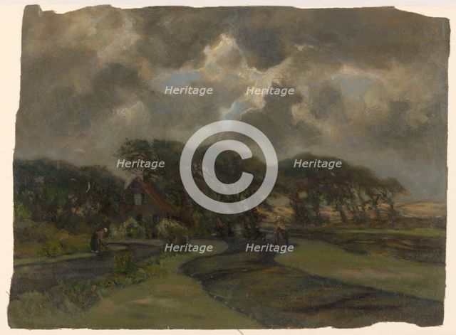 Landscape with cottage, trees and women mending fishing nets, 1872-1944.  Creator: Frans Smissaert.