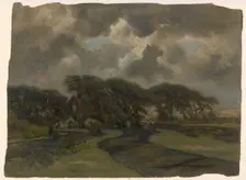 Landscape with cottage, trees and women mending fishing nets, 1872-1944. Creator: Frans Smissaert
