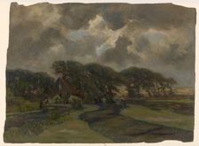 Landscape with cottage, trees and women mending fishing nets, 1872-1944. Creator: Frans Smissaert