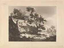 Landscape with Cottage Among Trees at Left, and a Distant Church Spire at Right, 1783-84. Creator: Thomas Rowlandson