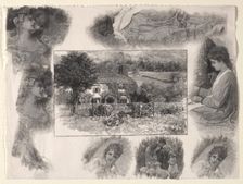 Landscape with Cottage and Cows Surrounded by Various Sketches. Creator: Henry Wolf (American, 1852-1916)