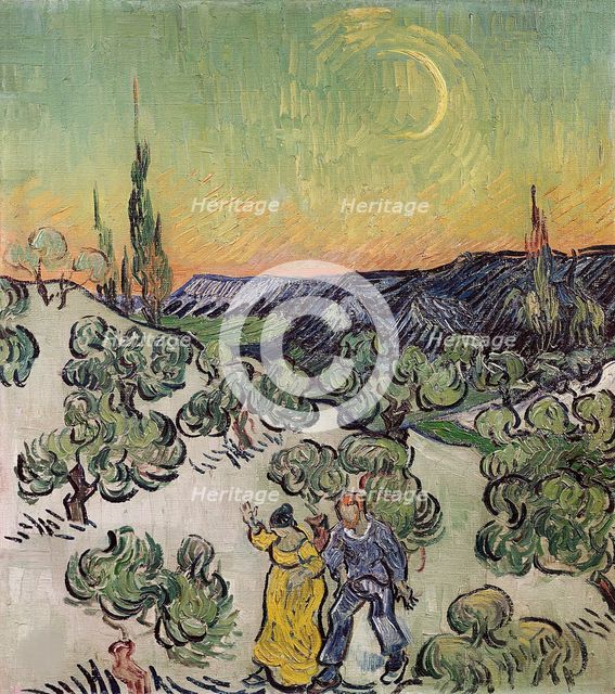 Landscape with Couple Walking and Crescent Moon, 1890. Creator: Gogh, Vincent, van (1853-1890).