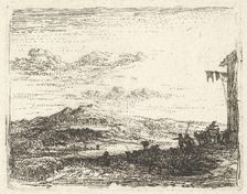 Landscape with corner of building and awning at far right, two figures and a horse-..., ca. 1641-78. Creator: Karel Du Jardin