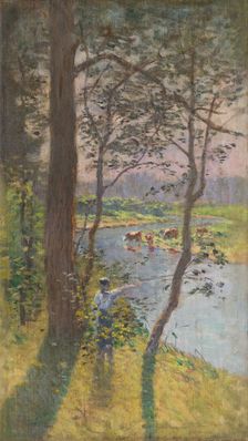 Landscape with cattle drinking at a river, c1900. Creator: Ferdinand Katona