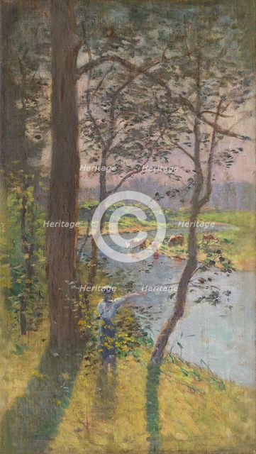 Landscape with cattle drinking at a river, c1900. Creator: Ferdinand Katona.