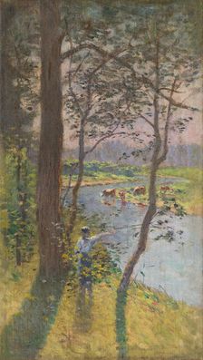 Landscape with cattle drinking at a river, c1900. Creator: Ferdinand Katona