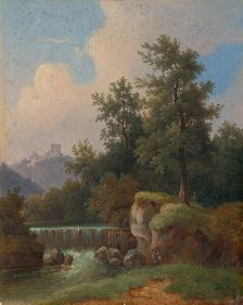 Landscape with castle and dam, 1850-1860. Creator: Josef Jonas