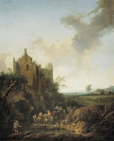 Landscape with castle ruins and horse-drawn carts, 1746 (?). Creator: Christian Hilfgott Brand