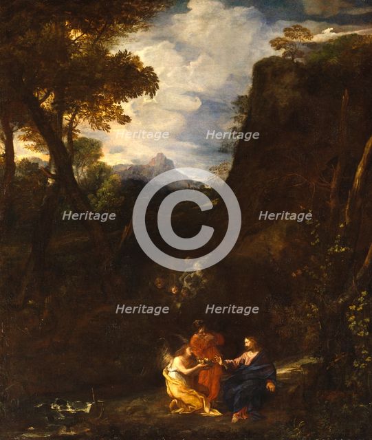 Landscape with Christ and two Angels, mid seventeenth century. Creator: Pier Francesco Mola.