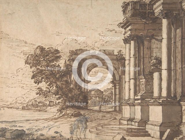Landscape with Classical Architecture by a Lake, 17th century. Creator: Anon.