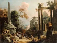 Landscape with Classical Ruins and Figures, about 1725-1730. Creators: Marco Ricci, Sebastiano Ricci