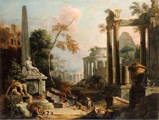 Landscape with Classical Ruins and Figures, about 1725-1730. Creators: Marco Ricci, Sebastiano Ricci