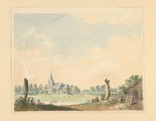 Landscape with a view of pasture on a church, 1700-1800. Creator: Anon