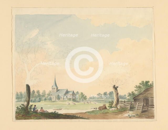 Landscape with a view of pasture on a church, 1700-1800. Creator: Anon.