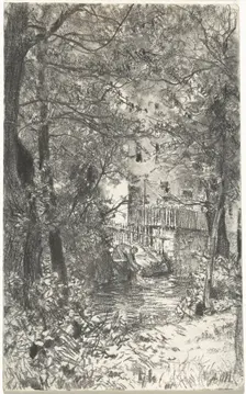 Landscape with a Washerwoman, c. 1890. Creator: Adolph Menzel