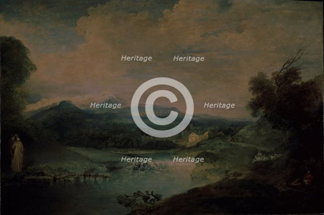 Landscape with a waterfall, ca 1714. Artist: Watteau, Jean Antoine (1684-1721)