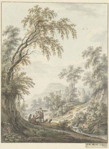 Landscape with a waterfall and a castle in the distance, 1769. Creator: Johann Heinrich Muntz