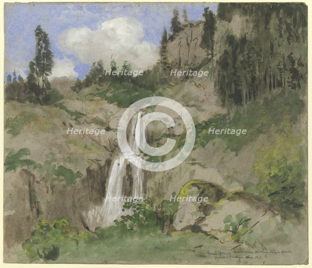 Landscape with a waterfall, (decoration for a puppet theater), 1870. Creator: Hans Thoma.