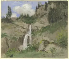 Landscape with a waterfall, (decoration for a puppet theater), 1870. Creator: Hans Thoma