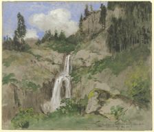 Landscape with a waterfall, (decoration for a puppet theater), 1870. Creator: Hans Thoma