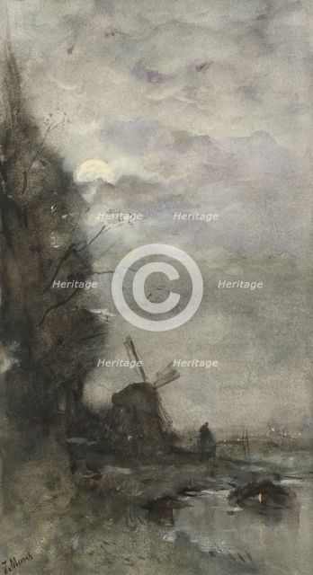 Landscape with a windmill by moonlight, 1847-1899. Creator: Jacob Henricus Maris.
