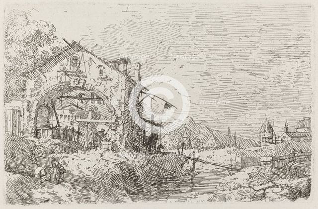 Landscape with a Woman at a Well [lower left], c. 1735/1746. Creator: Canaletto.