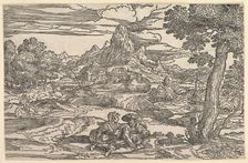 Landscape with a woman seated next to a man playing a hurdy-gurdy, ca. 1540. Creator: Domenico Campagnola