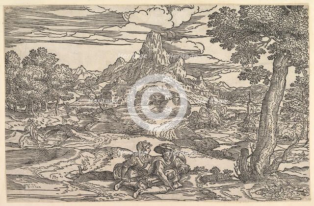Landscape with a woman seated next to a man playing a hurdy-gurdy, ca. 1540. Creator: Domenico Campagnola.