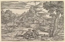 Landscape with a woman seated next to a man playing a hurdy-gurdy, ca. 1540. Creator: Domenico Campagnola